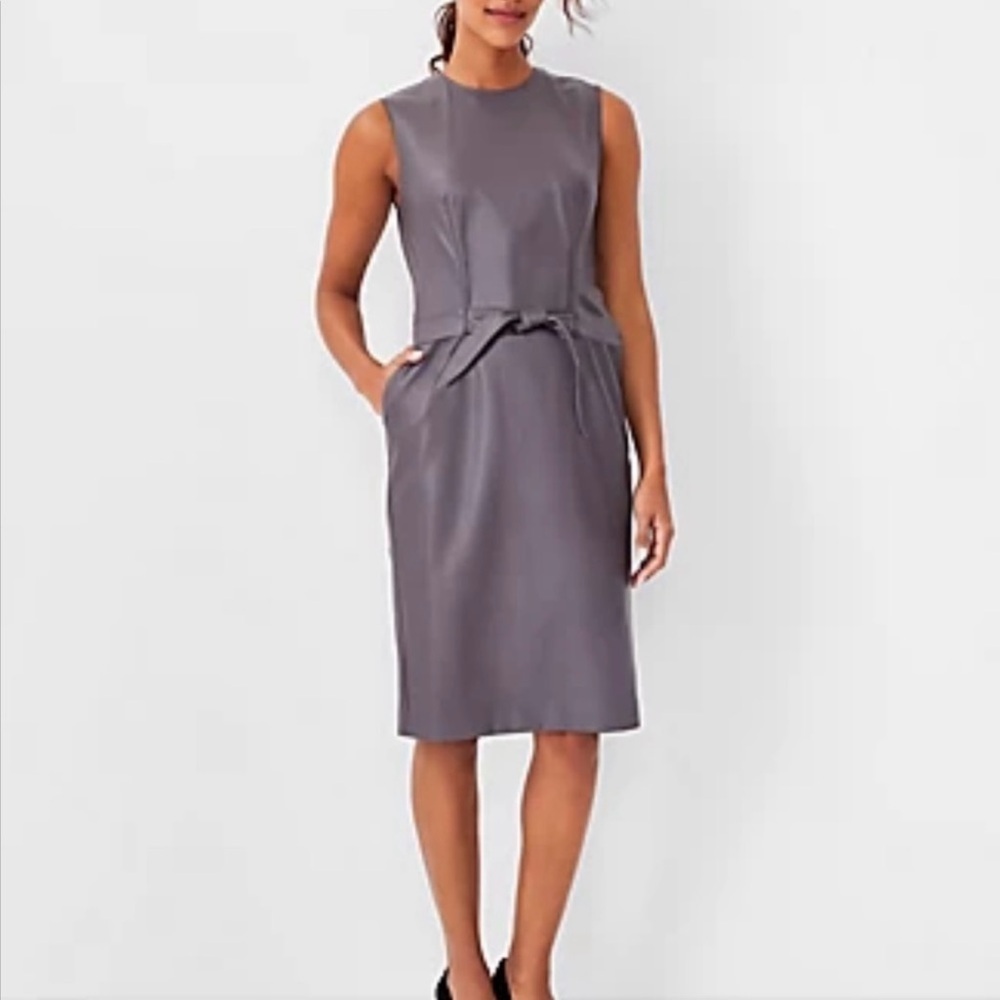 Ann Taylor Gray Faux Leather Sleeveless Sheath Dress Belted Size 12 - Picture 12 of 12
